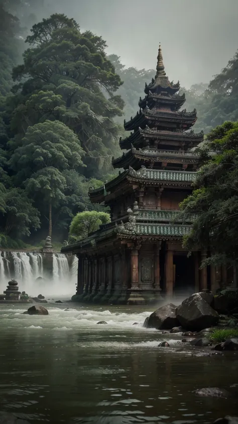 Create a scene of an ancient temple complex situated deep within a dense, foggy forest. The temple buildings are traditional with sloping roofs and intricate designs. The area is experiencing heavy flooding, with turbulent waters flowing through and around...