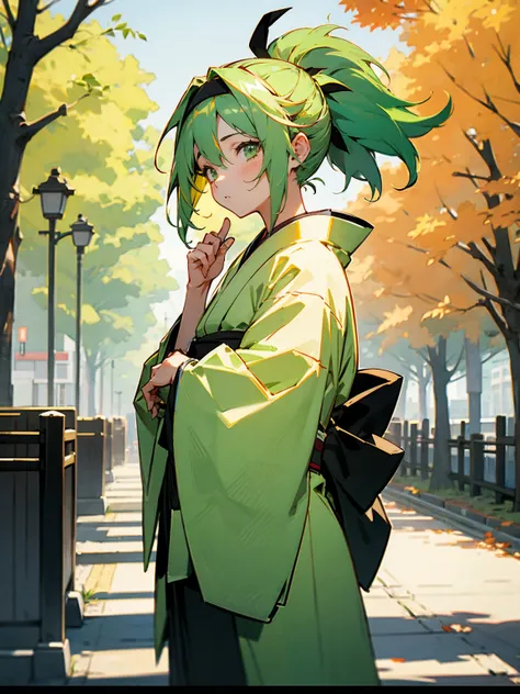 1female, light green hair, messy hair, headband, kimono, street, trees, day