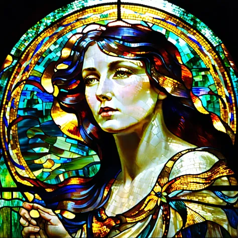 a close up of a woman holding a stained glass piece, a mosaic by Galen Dara, trending on pixabay, art nouveau, maxim verehin stained glass, stained glass art, transparent glass woman, golden twilight stained glass, stained glass, stained glass style, hyper...