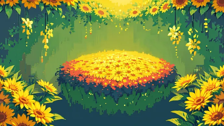 intricate pixel art, lush floral background, Sunnyday, naturey, highy detailed, work of art, soft, Vibrant