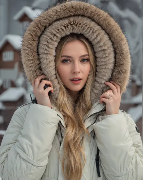 Arafed woman in a fur-lined jacket talking on a cell phone, fur hood, Beautiful nordic woman, action shot girl in parka, karol behind uhd, backlit shot girl in parka, White skin, nordic girl portrait, blonde fur, Anna Nikonova aka Newmilky, blonde furr, we...