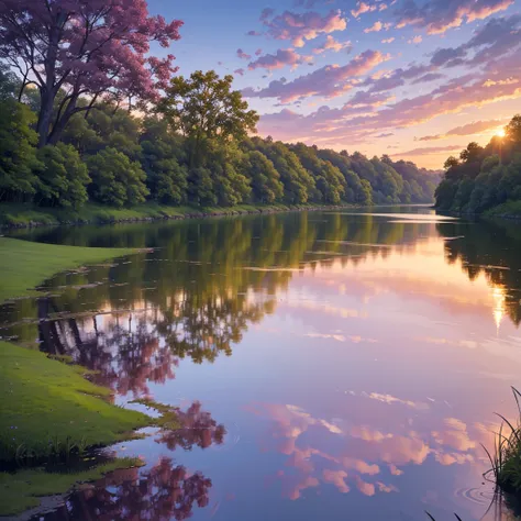 a beautiful purple sunset sky, a calm river, reflection of the sky in the water, lush green trees and foliage along the riverbank, a serene and peaceful landscape, highly detailed, 8k, photorealistic, cinematic lighting, vibrant colors, dramatic clouds, go...