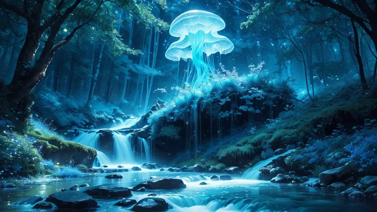 (High resolution, realistic, 4K, super detailed, masterpiece:1.2)a 
forest stream with flowing water, twinkling stars in the night sky, the moon trembling on the water surface, floating jellyfish drifting in the current, delicate glowing aquamarine flowers...