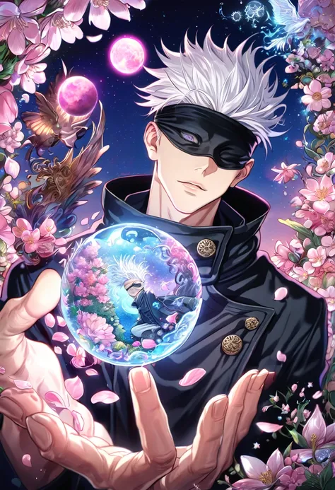 absurdres, highres, ultra detailed, HDR, master piece, best quality, extremely detailed face, delicated features, Gojo Satoru, white hair, black blindfold, Jujutsu Kaisen, solo, sexy man, handsome, black coat, magic, pink flowers, pink petals, water, magic...