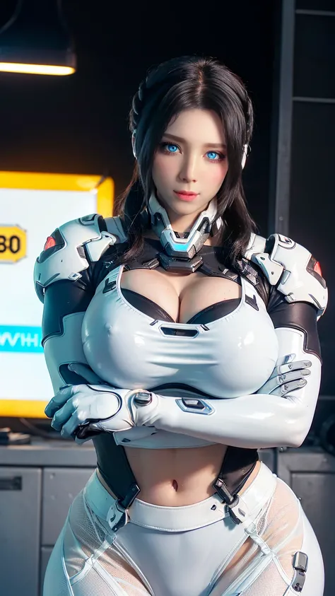 Solo, Stand Up Straight, Physically-based Rendering, Unreal Engine 5 Render, Jealous, (look Half Body:1.5), ((muscle And Bbw Body Type:1.2)), ((cleavage, Busty, Gigantic Breast:1.5)), (expose muscle Abs:1.4), (big Hips:1.3), ((beautiful Cyborg Woman, Red M...