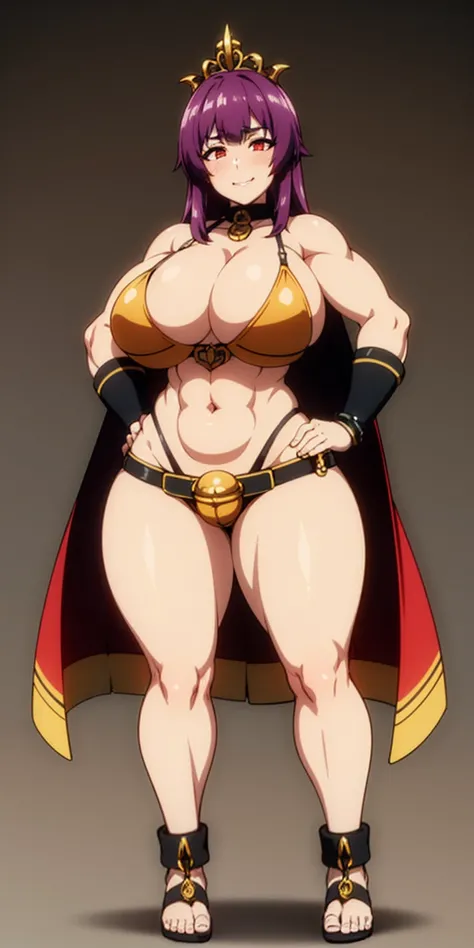 ((BLACK BACKGROUND,1:2, masterpiece)) full body MILF BIMBO standing with two long thighs and two metal sandals, red eyes, two-tone hair, brown hair, purple hair, long messy style hair, big breasts, cleavage, separate sleeves, tiara royal, long cape up to t...