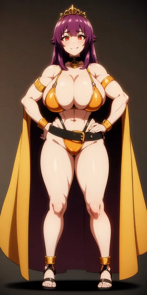 ((BLACK BACKGROUND,1:2, masterpiece)) full body MILF BIMBO standing with two long thighs and two metal sandals, red eyes, two-tone hair, brown hair, purple hair, long messy style hair, big breasts, cleavage, separate sleeves, tiara royal, long cape up to t...