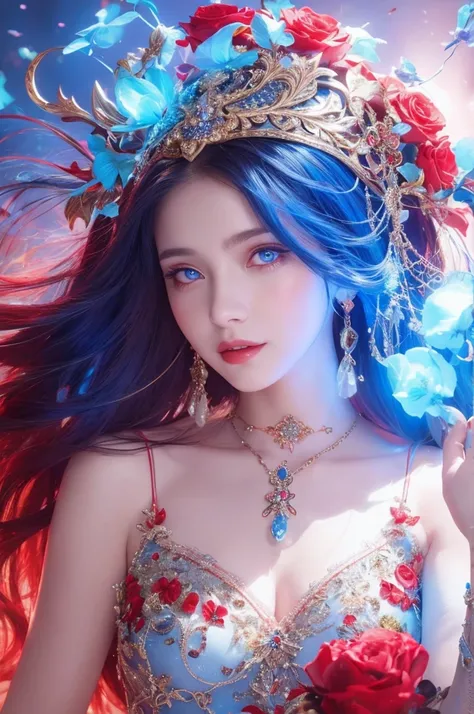 witch woman，conservative attire，Very nice headgear，blue，Wearing a blue, red and white princess dress，Upper body close-up，Close-up photos，jewelry，Visions of heaven and earth，Staff，exquisite magic
