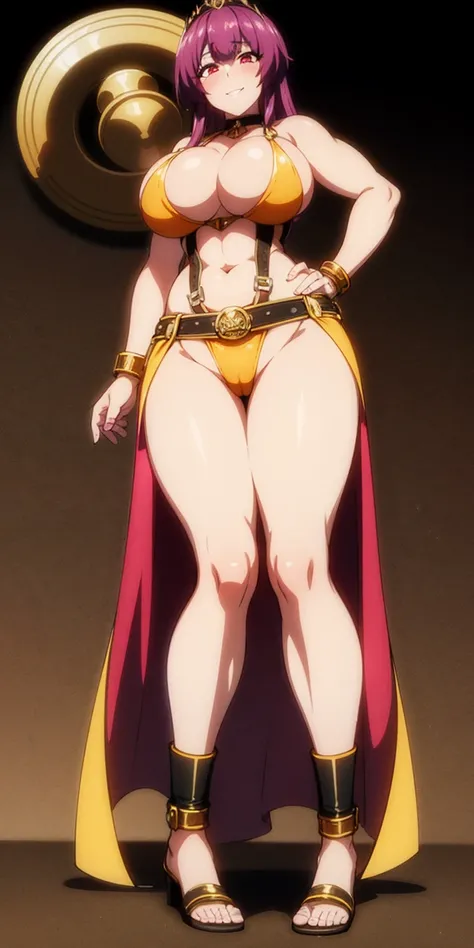 ((BLACK BACKGROUND,1:2, masterpiece)) full body MILF BIMBO standing with two long thighs and two metal sandals, red eyes, two-tone hair, brown hair, purple hair, long messy style hair, big breasts, cleavage, separate sleeves, tiara royal, long cape up to t...