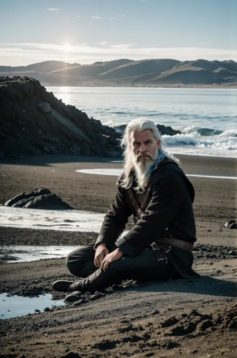 A Viking with black and white hair, sitting looking at the blue sun on the horizon on a black dirt beach, It is cold and there are many clouds