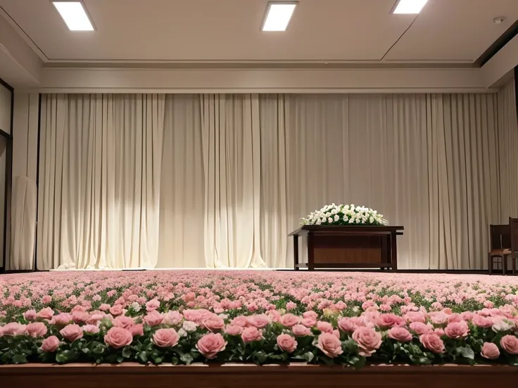 A typical funeral hall in Japan, White wall, curtain,The screen in the center, Symmetrical, Hinomaru composition, Flowers, The room has a table and flowers