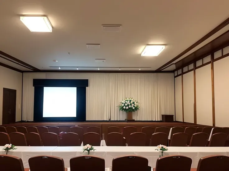 A typical funeral hall in Japan, White wall, curtain,The screen in the center, Symmetrical, Hinomaru composition, Flowers, The room has a table and flowers