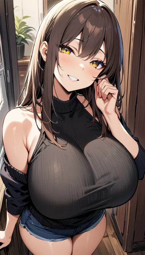 ((Best Quality)), ((Masterpiece)), (detailed), 1 girl, dark brown hair, wide, yellow eyes, blue-stitched eyelids, big breasts, big thighs, I expressed a flirtatious smile, black sweater, shoulders flat, short jeans, at home