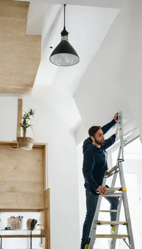 Man on a ladder, changing the light bulb in your house