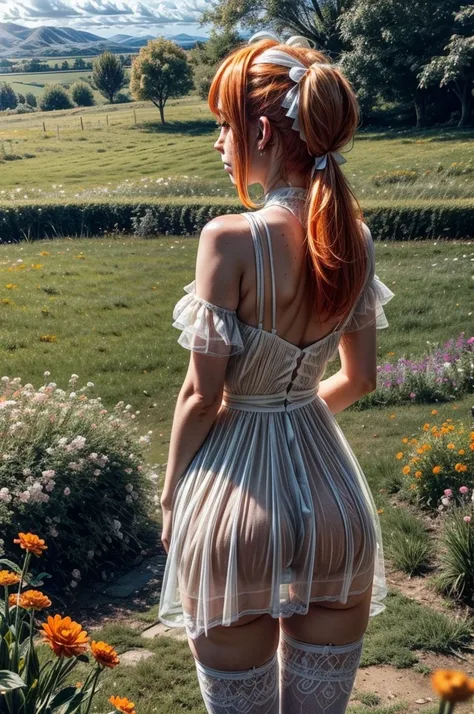 orange hair, freckles, medium hair, high twintails, sexy pose, translucent white country dress, bare shoulders, hair ribbon, earrings, outdoors, garden, sunlight, day, bush, view from behind, round and big butt, thighhighs, grass, flower, blush,