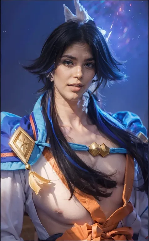 1 man, Faramis hero in Mobile Legends, wearing a white kimono and blue robe, short hair, black hair and a little blue, realistic, ultra detailed, 70mm lens.