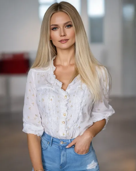 blond woman with long hair wearing a A white blouse and jeans, with long blonde hair, wearing a blouse, A white blouse, swedish blonde woman, wearing a cute top, Mia Kischner, White shirt and jeans, white cap, ruffled suit, wearing shirt, dressed in white ...