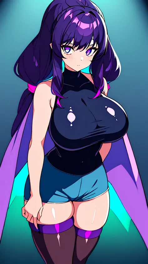 1girl, plus size, dark purple hair (long) (pigtails) (dark blue tips), lightly tan skin color, light blue eyes (glowing), wearing sleeveless turtleneck (blue), shorts ( black), stockings (long) (purple), cape (purple), purple smoke around body (glowing), a...