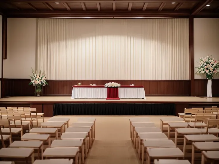 A typical funeral hall in Japan, White wall, curtain,The screen in the center, Symmetrical, Hinomaru composition, Flowers, The room has a table and flowers, Funeral, 