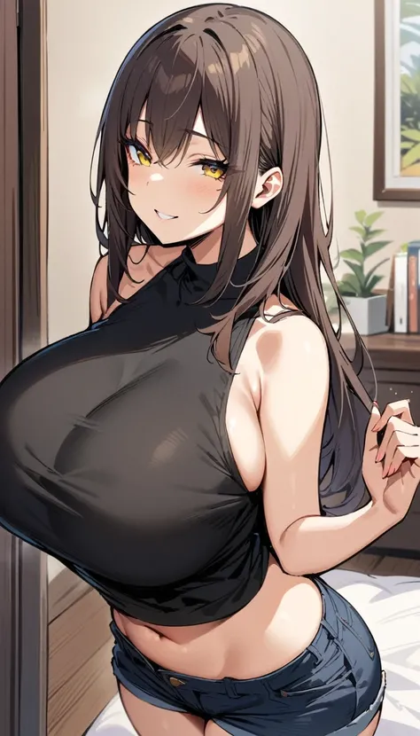 ((Best Quality)), ((Masterpiece)), (detailed), 1 girl, dark brown hair, wide, yellow eyes, blue-stitched eyelids, big breasts, big thighs, I expressed a flirtatious smile, black sweater, shoulders flat, short jeans, at home