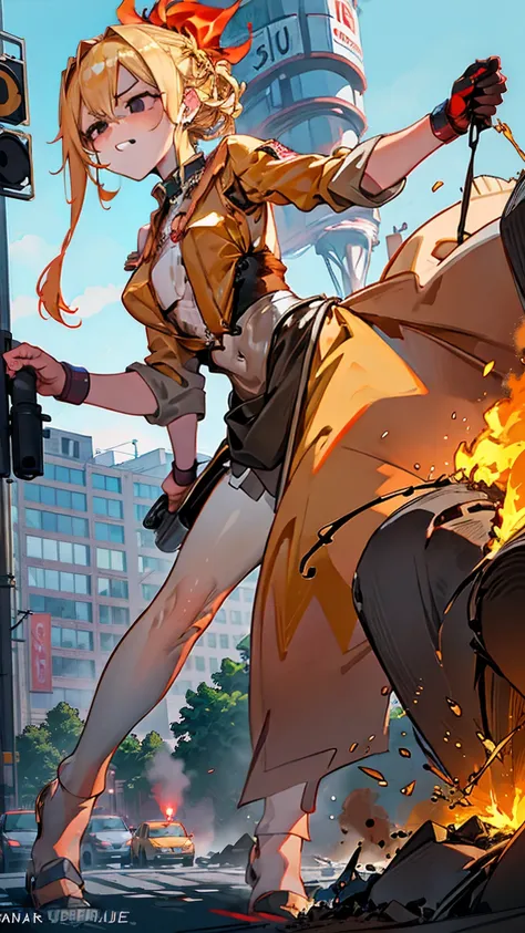 Walking along a busy highway, the Giantess Goddess with golden yellow skin and crimson red eyes causes cars to screech to a halt. Her hair, a cascade of yellow flames, sets the asphalt ablaze as she moves. Normal-sized drivers and passengers flee, but many...