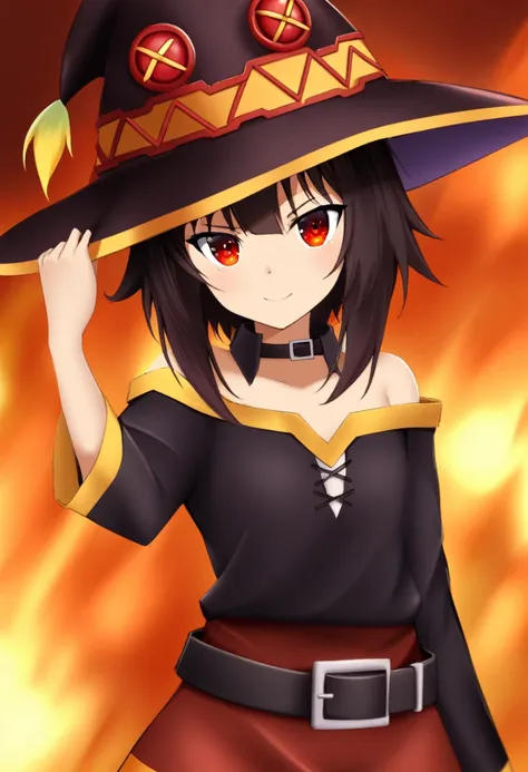 1 girl,megumin_(kaboutosuba),just_shoulders,waist belt_collared,blackw_body hair,close up,collared,collaredbaboute,don,ablaze,ab...