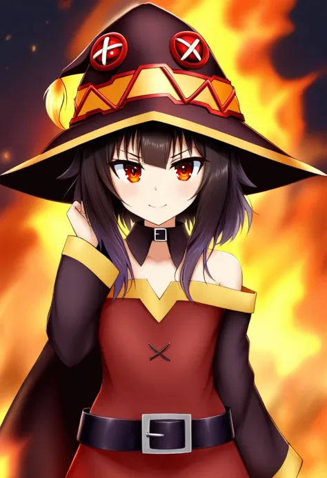 1 girl,megumin_(kaboutosuba),just_shoulders,waist belt_collared,blackw_body hair,close up,collared,collaredbaboute,don,ablaze,ab...