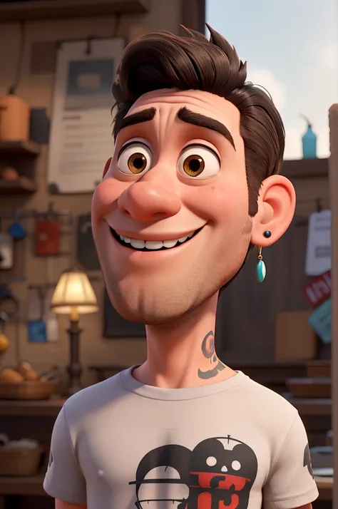 pixar, disney, earrings in both ears , Grinning , black hair to the side , scruffy beard , tattoo on arm , offwhite