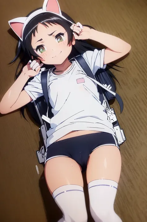 masterpiece, ultra quality, ultra sharp, ultra detailed, 1girl, solo, (((good anatomy))), haduki kurumi, (tattered torn dripping wet white gym shirt), navy gym pants, animal ears, randoseru, name tag, Japanese anime pose, laugh, BurumaShorts, Buruma, Gym U...