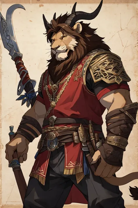 lion，Wood color，horn，scales，background red，brandishing a weapon，Detailed character details