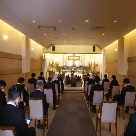 Many people sitting on chairs々Arabic view of the church with the, Funeral, panoramic, Mode, Whole room, Taken with a Sony A3 camera, In Tokyo, in karuizawa, Gazing at the horizon, Filmed in the early 2020s, event, Beasts, Spectacular, detailed!!