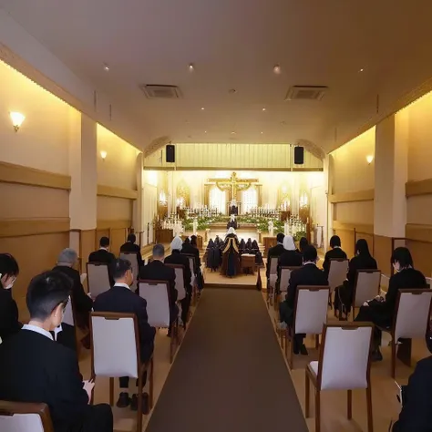 Many people sitting on chairs々Arabic view of the church with the, Funeral, panoramic, Mode, Whole room, Taken with a Sony A3 camera, In Tokyo, in karuizawa, Gazing at the horizon, Filmed in the early 2020s, event, Beasts, Spectacular, detailed!!