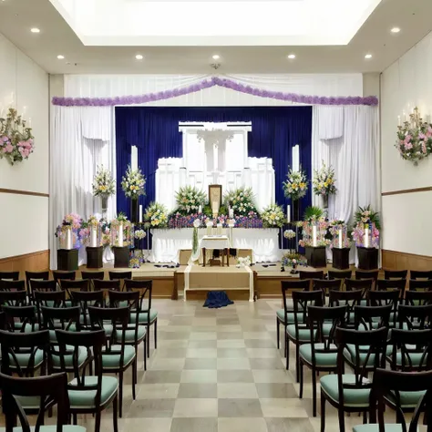 The room has many chairs with tables and flowers., Funeral, Beautiful images, in a large hall, A place to rest in peace, Comfortable and friendly, Decorated height, Beautiful high resolution, Heartbreaking, Indoor Settings, Breathtaking composition, walk i...