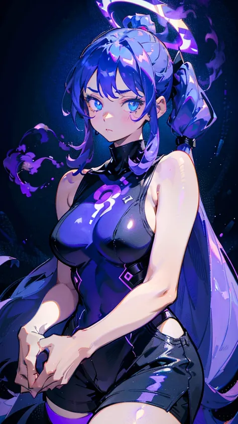 1girl, plus size, dark purple hair (long) (pigtails) (dark blue tips), lightly tan skin color, light blue eyes (glowing), wearing sleeveless turtleneck (blue), shorts ( black), stockings (long) (purple), cape (purple), purple smoke effect around body (glow...