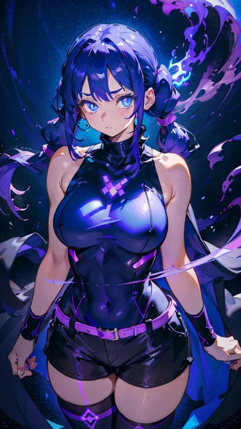 1girl, plus size, dark purple hair (long) (pigtails) (dark blue tips), lightly tan skin color, light blue eyes (glowing), wearing sleeveless turtleneck (blue), shorts ( black), stockings (long) (purple), cape (purple), purple smoke effect around body (glow...