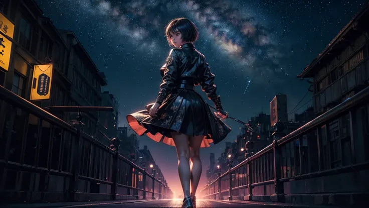 ((Masterpiece)), (best quality),, official art, Very detailed CG unity 8k wallpaper., Highly detailed, Shiny skin, depth of field, bright colors,, 1 girl, (curve:0.4), (full body:0.6),, short hair, smooth, conjunctivitis, skirt, look at viewer, nighttime, ...