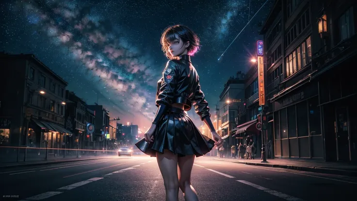 ((Masterpiece)), (best quality),, official art, Very detailed CG unity 8k wallpaper., Highly detailed, Shiny skin, depth of field, bright colors,, 1 girl, (curve:0.4), (full body:0.6),, short hair, smooth, conjunctivitis, skirt, look at viewer, nighttime, ...