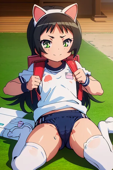 masterpiece, ultra quality, ultra sharp, ultra detailed, 1girl, solo, (((good anatomy))), haduki kurumi, (tattered torn dripping wet white gym shirt), navy gym pants, animal ears, randoseru, name tag, Japanese anime pose, laugh, BurumaShorts, Buruma, Gym U...