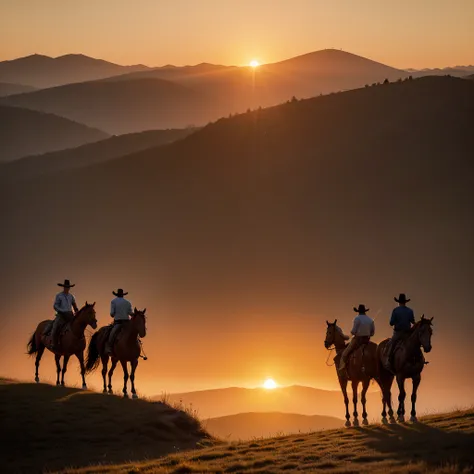 Create an image of an orange sunset on a hill, with 3 cowboys with horses riding on the hill. Highlight the sunset and darken the cowboys 