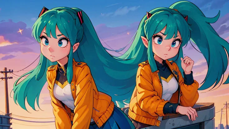 (score_9, score_8_up, score_7_up), 1girl, solo, lum, long hair, bangs, blue hair, blue eyes, aqua hair, tiny horns, eyeshadow, l...