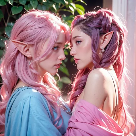 ((man, man, young, boy, short hair, black hair, man near woman)) woman, curly hair and long pink hair, blue eyes Woman pink hair,) two people a man and a woman) City ((Woman with pink hair and elf ears only the woman)) Woman with all pink hair