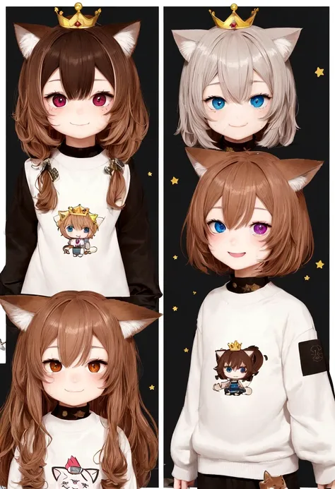 Super detailed、(Whole body - 1.2), 1 Chibi boy, Lovely, Smile, shirt，streaked hair, brown hair, hair between eyes, crown, mismatched pupils, star-shaped pupils, heterochromia, cat ears, food on face, shy, character chart