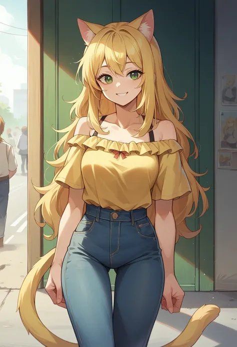 (( straight face picture )) ((best quality)),  ((Masterpiece)), (details), Young woman,  cat ears , yellow hair , green eyes , long hair , Yellow off-the-shoulder dress , jeans skirt ,has a cat tail , smile,road