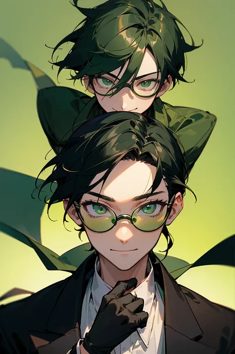 (masterpiece, best quality, perfect face, expressive eyes), 1boy, (anime), (male), (adult), (black hair), green gradient hair, green eyes, black jacket, (green tainted glasses), black gloves. upper body, smiling face, camera points towards them, sunshine o...