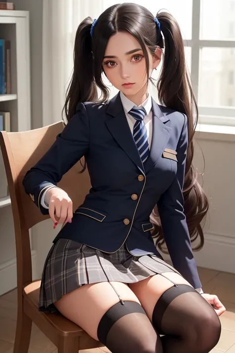 A girl in a private university uniform, with black hair and brown eyes, wearing a blue blazer with buttons, a tie, and a tight skirt followed by knee socks. She has long hair in twintails, hair rings, and is looking at the viewer in an expressive, seductiv...