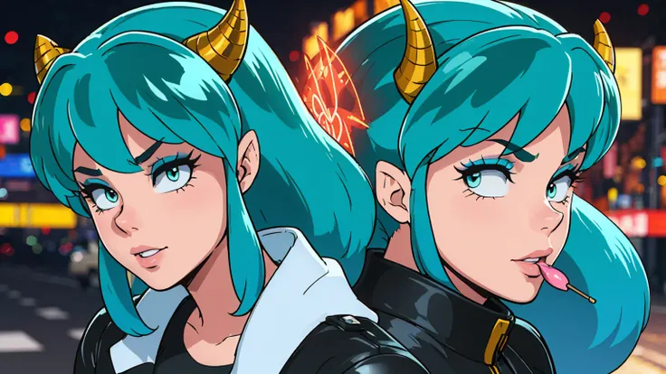 (score_9, score_8_up, score_7_up), 1girl, solo, lum, long hair, bangs, blue hair, blue eyes, aqua hair, tiny horns, eyeshadow, l...