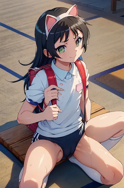 masterpiece, ultra quality, ultra sharp, ultra detailed, 1girl, solo, (((good anatomy))), haduki kurumi, (tattered torn dripping wet white gym shirt), navy gym pants, animal ears, randoseru, name tag, Japanese anime pose, laugh, BurumaShorts, Buruma, Gym U...