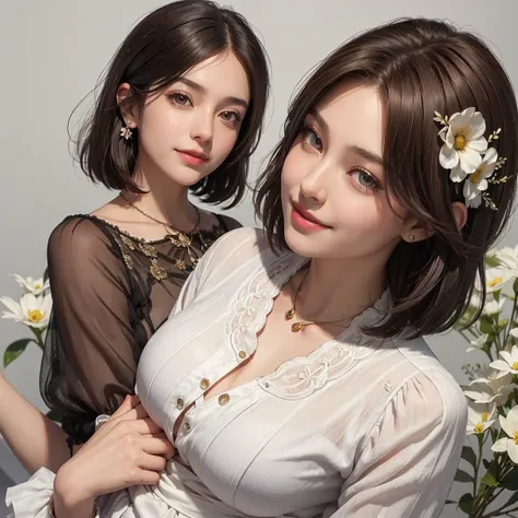 A lady, very short hair, with the parting of the hair to the side, It is brown with some white gray hair., Brown eyes, smiling, has a maternal aura, He is of medium build, she has a blouse with flowers, close up image for profile photo