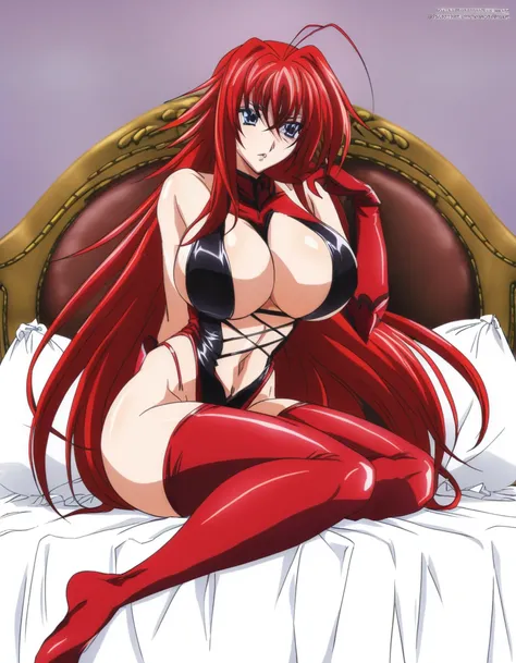 Rias Gremory sitting on the bed, with her big breasts, with her fat legs, and wearing a sexy outfit, red leggings, and long red gloves