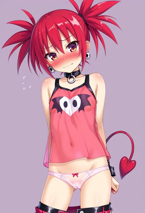 1girl,Etna,Devil Girl,(blush、Embarrassing:1.4),Flat body,Flat Body,Cute Panties、No bra,See-through、See-throughのシャツ、Big shirt、Boyfriend Shirt、Boyfriend&#39;s room